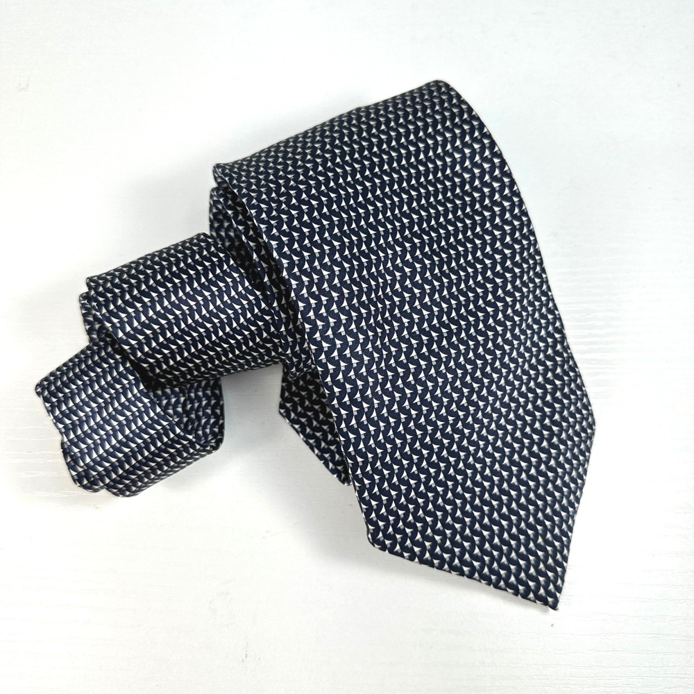 Italian Pure Silk Tie Navy‎ Ivory Geometric Jacquard 3.75" Italy Old Money